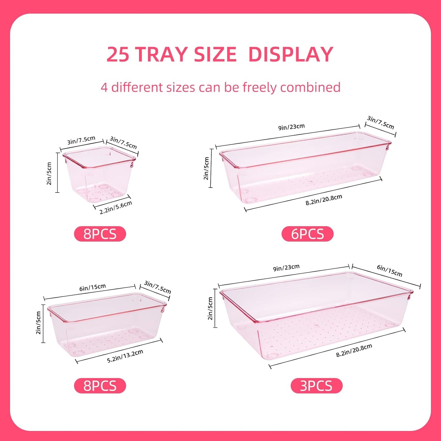 Clear Acrylic Drawer Organizers Set Storage for Makeup, Office Desk Small Vanity Trays for Drawer Bathroom Plastic Make up Organizers 25 Pcs