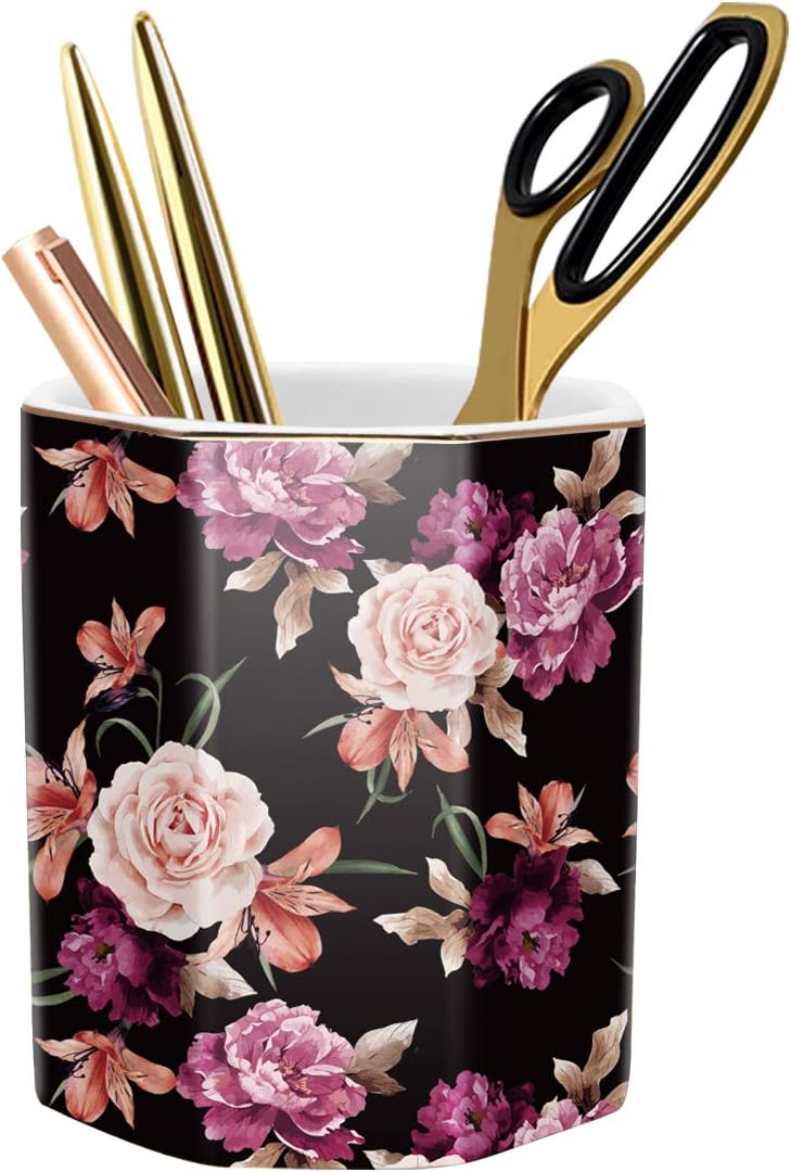 WAVEYU Ceramic Pen Holder for Desk Cute, Pencil Cup Pot Desk Organizer, Makeup Brush Holder for Women, Men, Kids, Desk Marble Decor for Office, Classroom, Home, Gray Golden