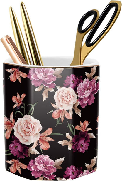 WAVEYU Ceramic Pen Holder for Desk Cute, Pencil Cup Pot Desk Organizer, Makeup Brush Holder for Women, Men, Kids, Desk Marble Decor for Office, Classroom, Home, Gray Golden