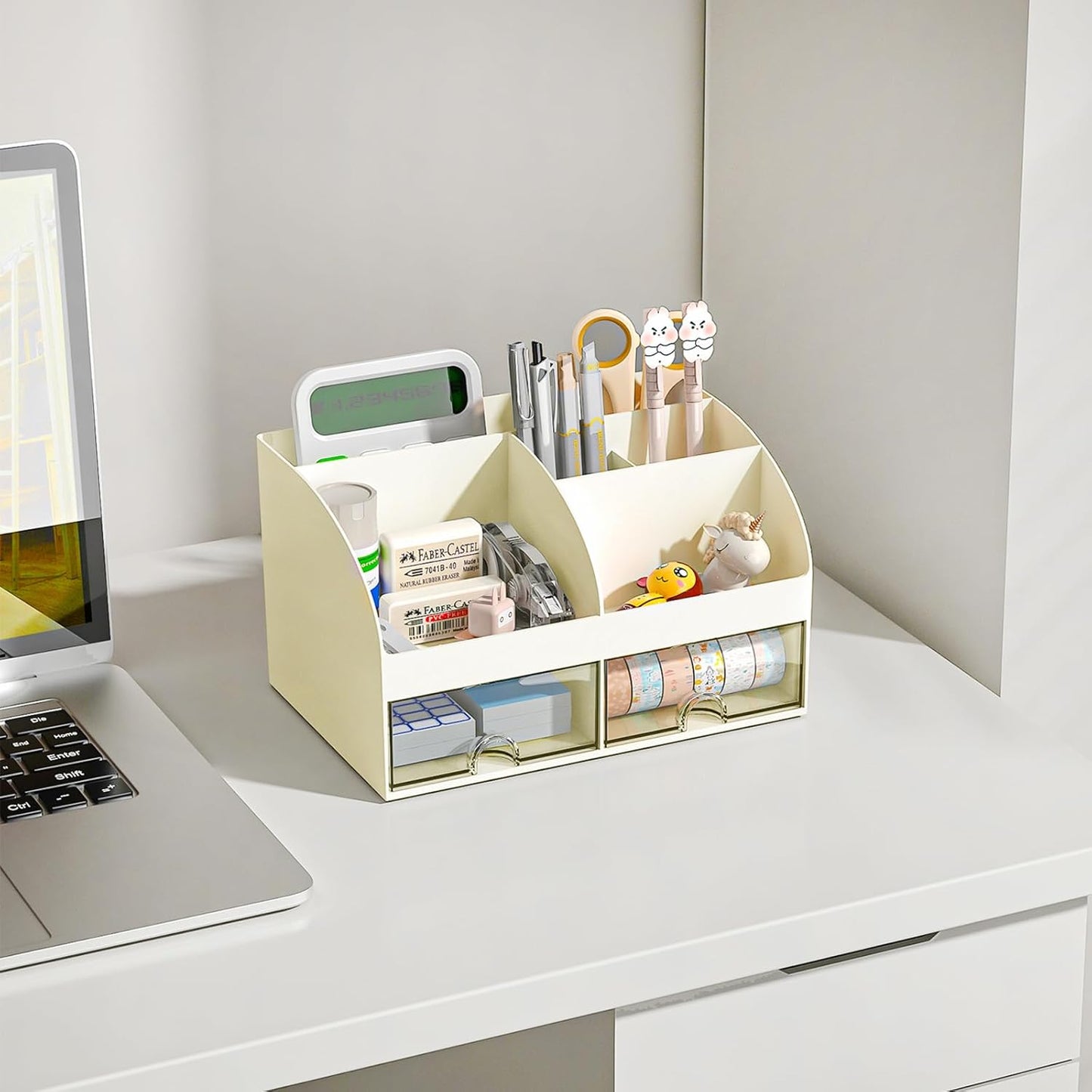 COMFYROOM Desk Organizer with 6 Compartments and 2 Drawers, Plastic Makeup Organizer, Pen Holder for Desktop Storage, Desk Organization for School, Home, Office Supplies (White)