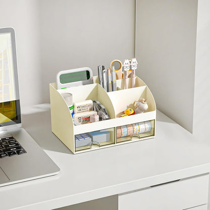 COMFYROOM Desk Organizer with 6 Compartments and 2 Drawers, Plastic Makeup Organizer, Pen Holder for Desktop Storage, Desk Organization for School, Home, Office Supplies (White)