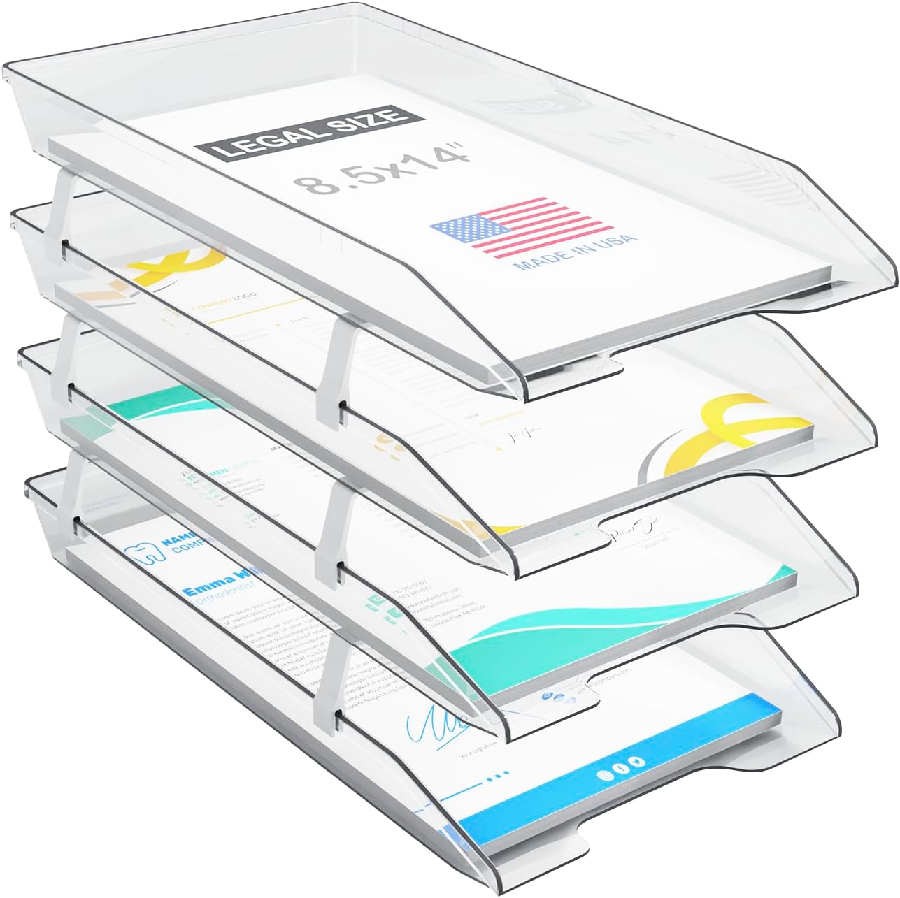 Acrimet 4 Tier Legal Letter Tray, Facility Front Load (Legal Size) (Plastic) (Clear Crystal Color) Made in USA