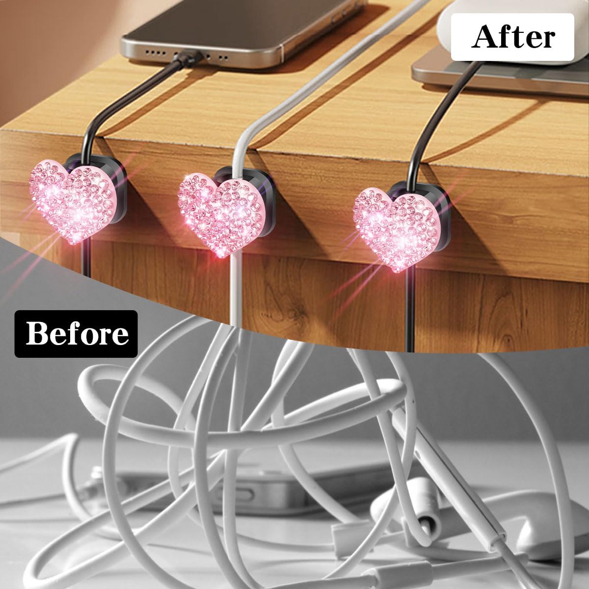 Bling Cord Organizer Holder,Heart Shape Magnetic Cable Clips with Strong Adhesive，Desk Cable Holder & Phone Charging Cords Wire Management for Home,Office,Car,Nightstand (Pink 4 Pack)