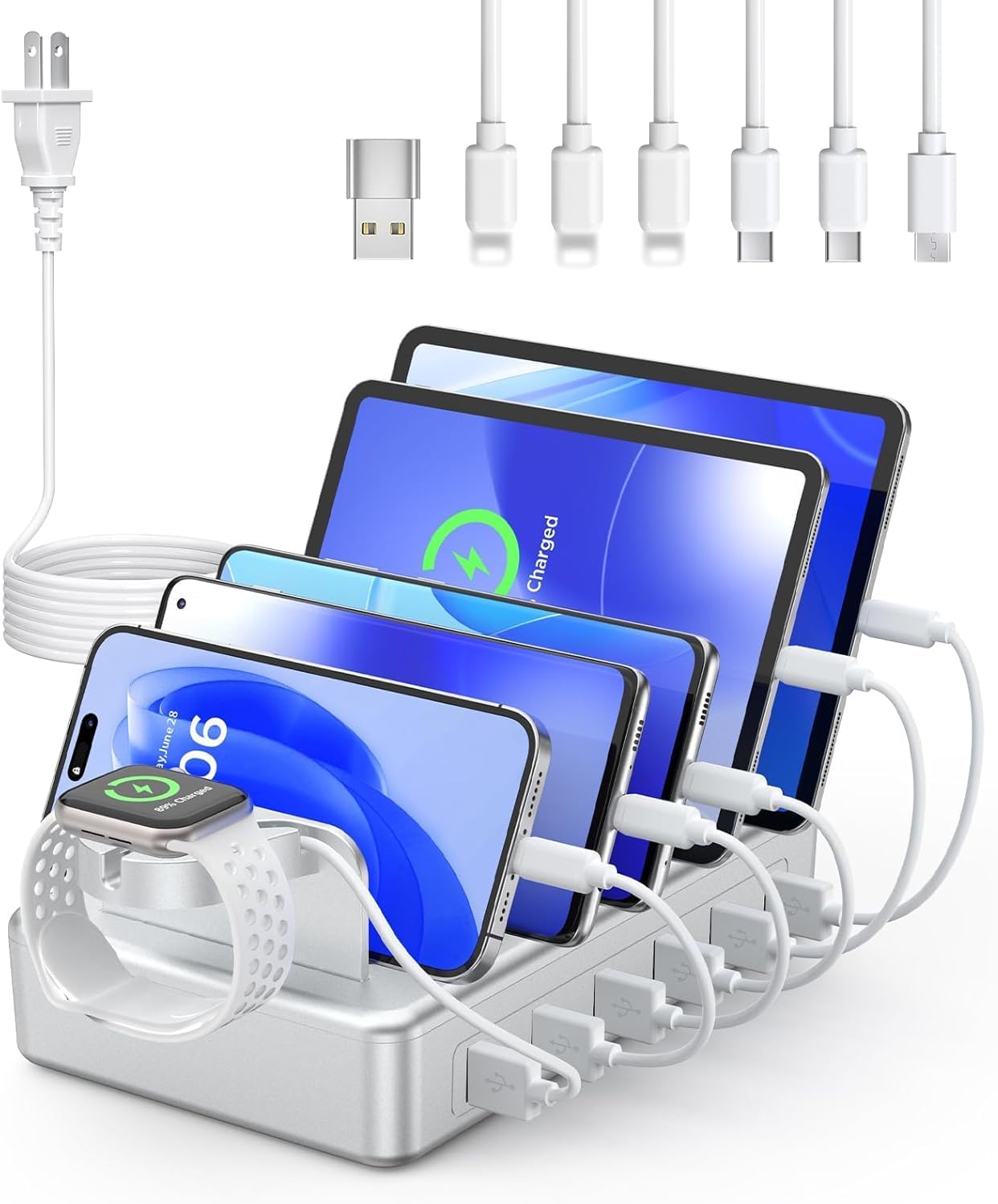 CREATIVE DESIGN Charging Station for Multiple Devices, 50W 6 Ports Charging Dock with 6 Cables Compatible with Cellphone,Tablet, Kindle, Apple Watch and Other Electronic