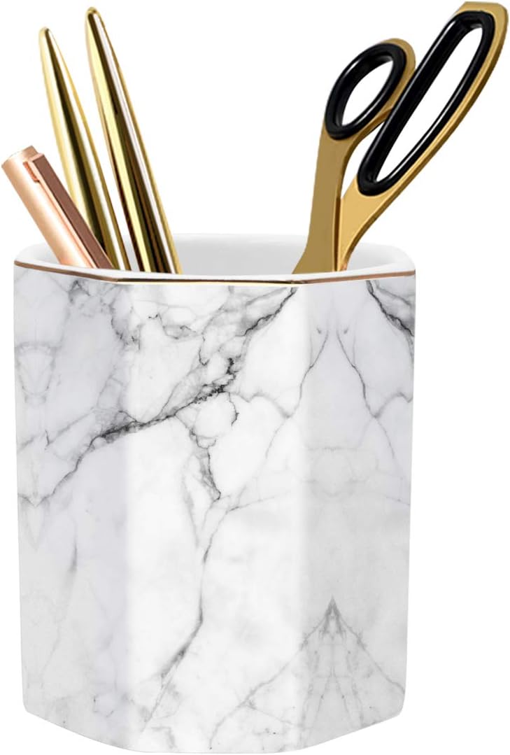 WAVEYU Ceramic Pen Holder for Desk Cute, Pencil Cup Pot Desk Organizer, Makeup Brush Holder for Women, Men, Kids, Desk Marble Decor for Office, Classroom, Home, Gray Golden