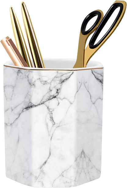 WAVEYU Ceramic Pen Holder for Desk Cute, Pencil Cup Pot Desk Organizer, Makeup Brush Holder for Women, Men, Kids, Desk Marble Decor for Office, Classroom, Home, Gray Golden