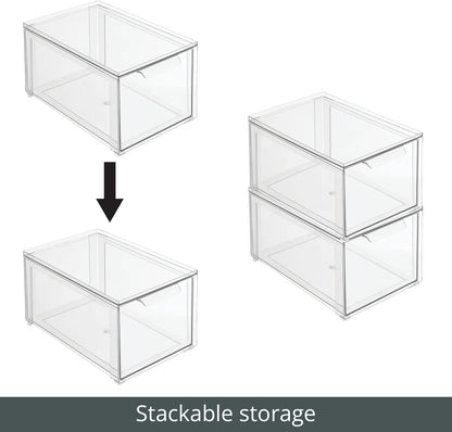 mDesign Plastic Stackable Closet Storage Organizer Bin Containers with Front Pull Drawer for Cabinet, Desk, Shelf, Cupboard, or Dresser Organization - Lumiere Collection - Clear