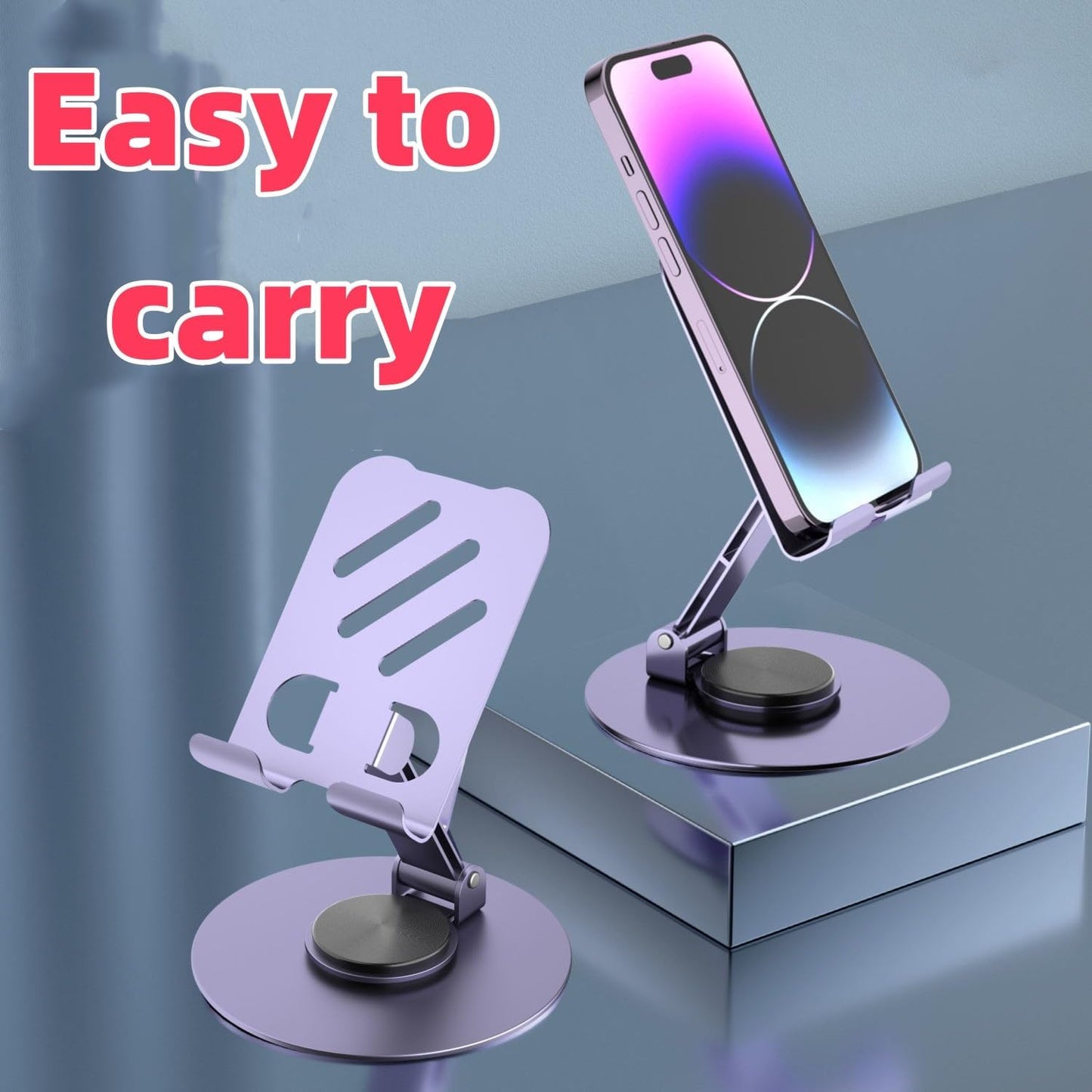 Adjustable Phone Stand, 360-Degree Rotating Metal Desktop Holder, Purple