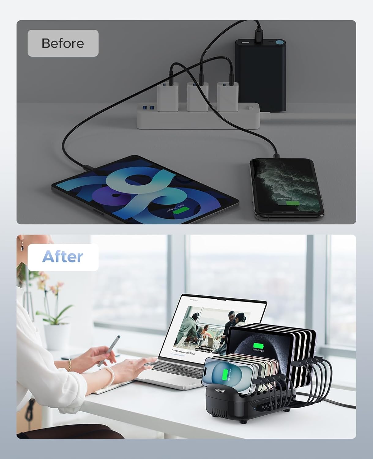 ORICO Multi USB Charging Station, 120W Charging Docking Organizer for Multiple Devices with Cables, 10-Ports Charging Station Compatible with iPad, iPhone, Tablet, Kindle and Cell Phones