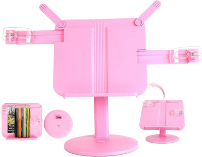 Kids Book Stand, Adjustable Reading Holder, Thick Base, Foldable Reading Stand with Elastic Page Clips, for 8.5"×11" or Smaller, Gift for Children's Day, Pink