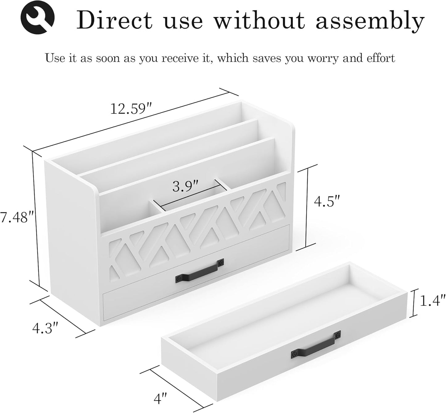 WISUCART Bamboo Desk Organizer Mail Holder Countertop Wood Desk Drawer Tabletop Storage Box Pen Holder Letter Sorter Makeup Organizer for School Home Office Supplies with Pen Holder White