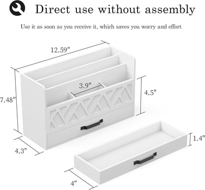 WISUCART Bamboo Desk Organizer Mail Holder Countertop Wood Desk Drawer Tabletop Storage Box Pen Holder Letter Sorter Makeup Organizer for School Home Office Supplies with Pen Holder White