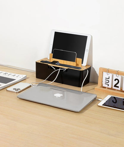 Cable Management Box with Wooden Lid, Multi-Device Organizer for Phones/Tablets/Smartwatches, Desktop Cord Organizer for Tidy Workspace (Black)
