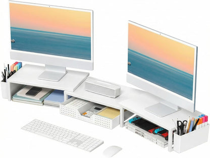 OPNICE Clear Acrylic Desk Organizers and Accessories, Dual Monitor Stand Riser with Drawer, Desk Shelf Computer Racks for Office Workspace Organizers, Desktop Organization (Transparent)