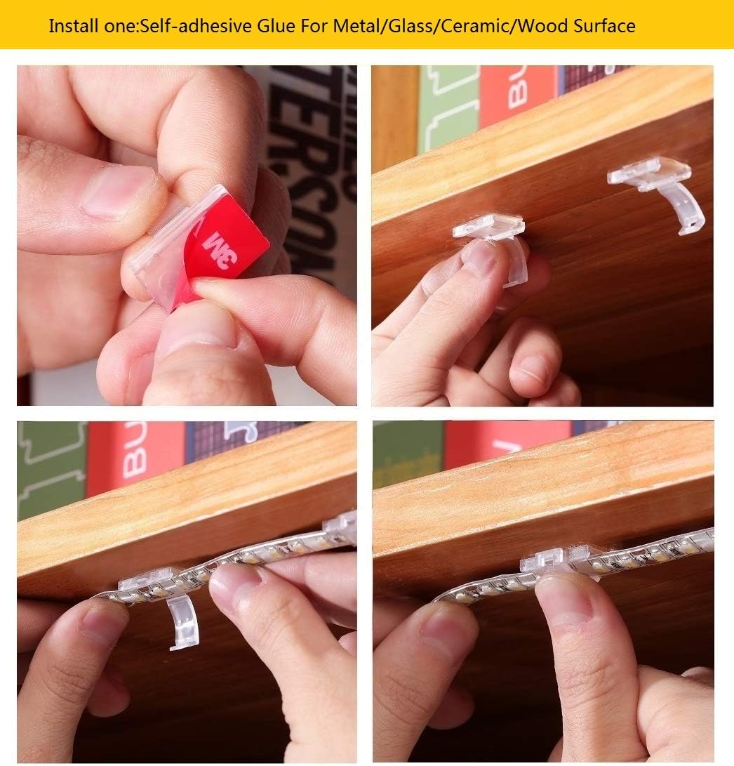 Threetwofour 100 Pack Double Installation LED Strip Light Mounting Bracket Self Adhesive LED Clips Only use for Width 8-10mm/0.31-0.39in Height<2.8mm/0.11in Indoor LED Strip Light with 102PCS Screws