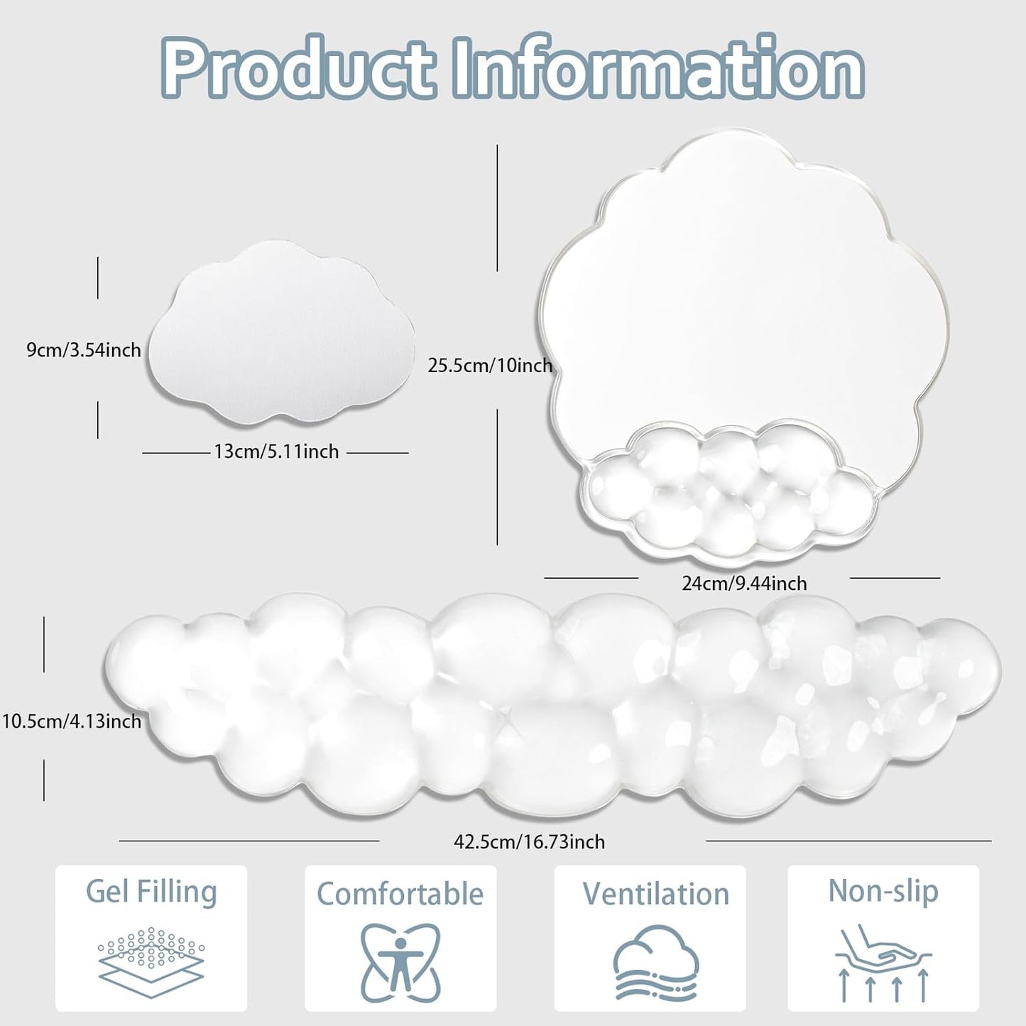Gel Wrist Rest and Cloud Mouse Pad Support for Keyboard and Mouse - Ergonomic Pink Keyboard Wrist Pad Set for Typing Pain Relief/Computer/Laptop/Gaming/Home/Office (Cloud Shape, Gradient Blue Pink)