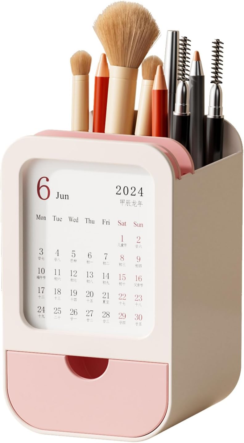 Upgraded Pen Holder with Built-in Calendar - Modern Desk Organizer for Office, School, Home, Premium Silicone Design with Chic Aesthetic, Multi-Functional Stationery & Makeup Storage - Blue