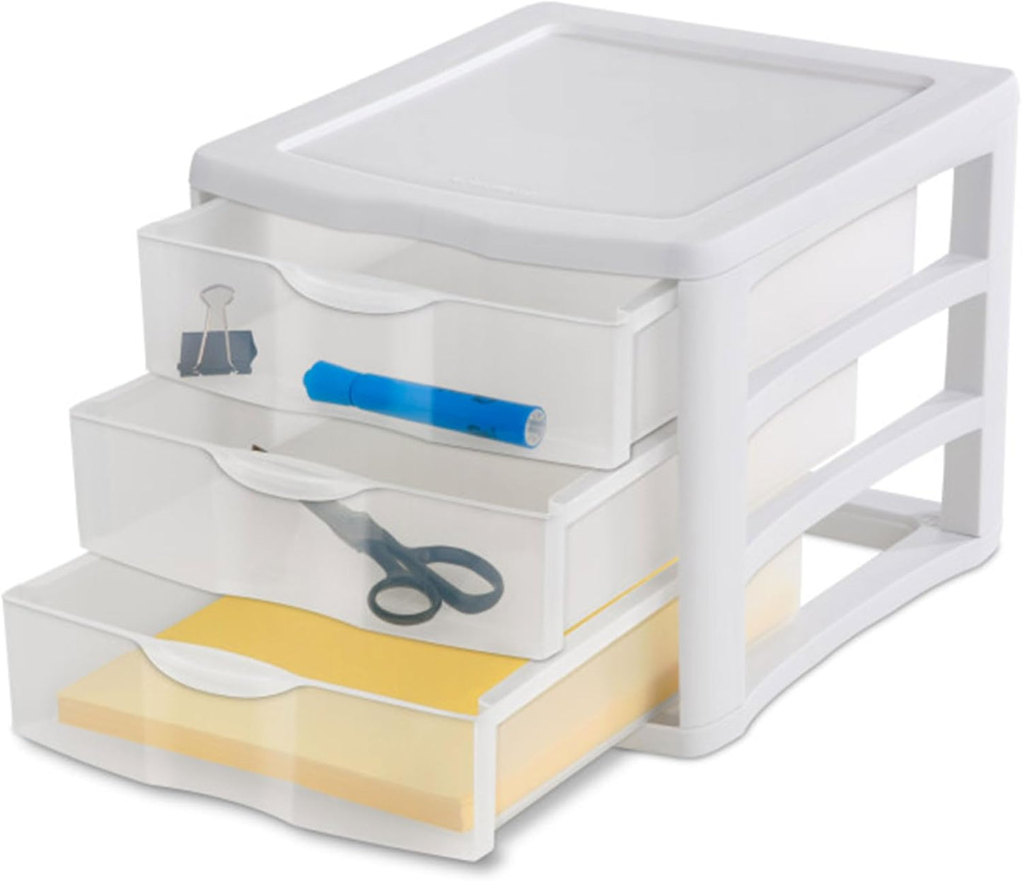 Sterilite 4-Pack 3 Drawer Unit, Stackable Plastic Organizer with Drawers, White Frame - Multi-Purpose Countertop Storage Containers for Office Supplies, Craft Rooms, Classrooms and Home Organization