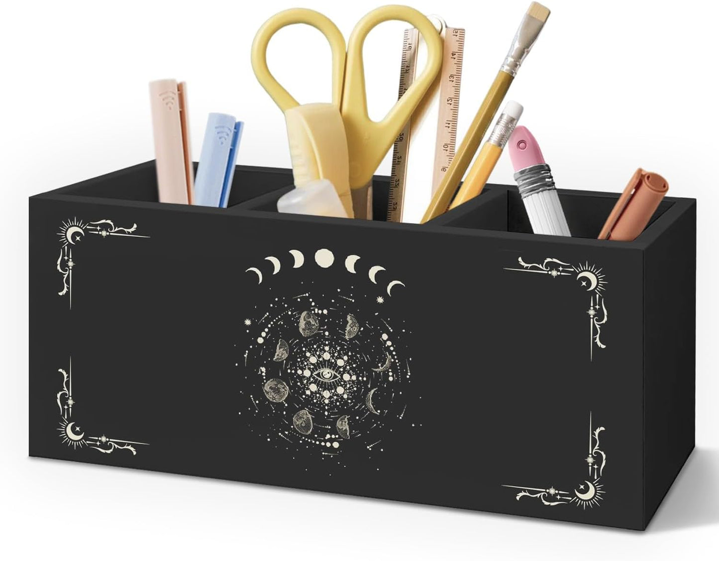 Gothic Office Decor Black Wooden Pen Pencil Holder for Desk Accessories, Dark Gothic Witchy Aesthetic Wood Makeup Brush Toothbrush Holder Organizer for Vanity Bathroom