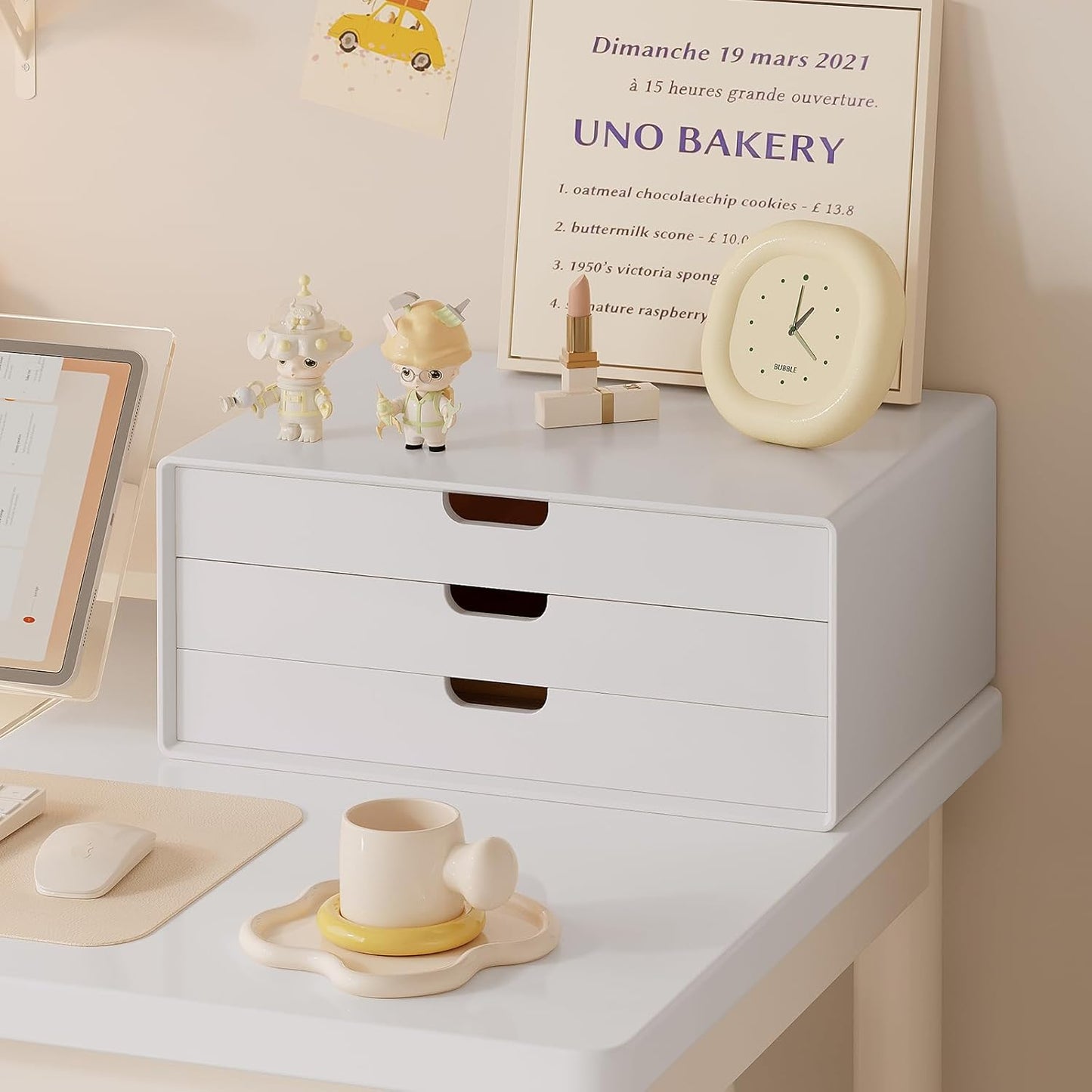LitaEther Desk Organizer with 3 Drawers, ALEX Drawer Unit, Chic White Wood Cosmetic Makeup Organizer for Office Vanity Tabletop Storage 13.8"X 6"X10.2"