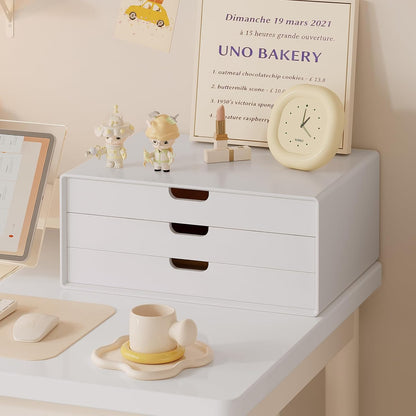 LitaEther Desk Organizer with 3 Drawers, ALEX Drawer Unit, Chic White Wood Cosmetic Makeup Organizer for Office Vanity Tabletop Storage 13.8"X 6"X10.2"