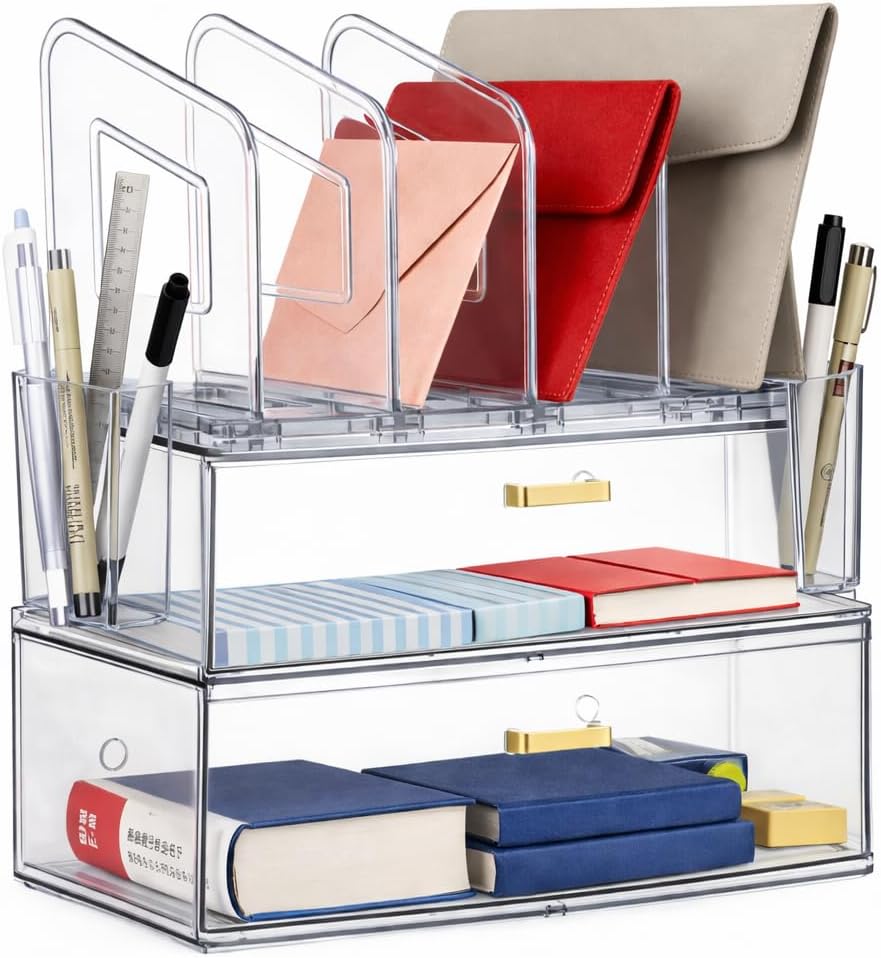 LALOBLUE Acrylic Desk Organizer with Drawer and Vertical File Holder, Desk Organizers and Accessories, Multi-Functional Office Supplies Organizer for Home or Work Desk, White