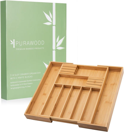 Purawood Kitchen Drawer Organizer - Expandable Utensil Drawer Organizer for Kitchen, Cutlery Tray & Silverware Organizer, 3-5 Slots - Bamboo Organizer for Utensils & Flatware (Natural)
