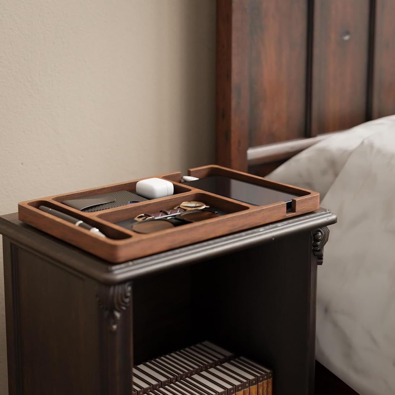 Wooden Valet Tray with Leather Inlay - Key and Wallet Tray, Wooden Jewelry Tray - Nightstand Desk Organizer for EDC Essentials (Keys, Phone, Wallet, Watch, Earbuds) (wood)