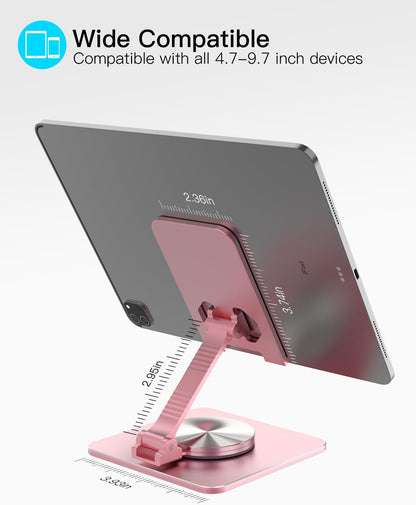 Cell Phone & Tablet Stand for Desk, Aluminum Adjustable Holder for iPhone, iPad & Smartphones || Foldable Mount with 360° Swivel, Stable Base & Portable Design for 4–9.7in Devices, Purple