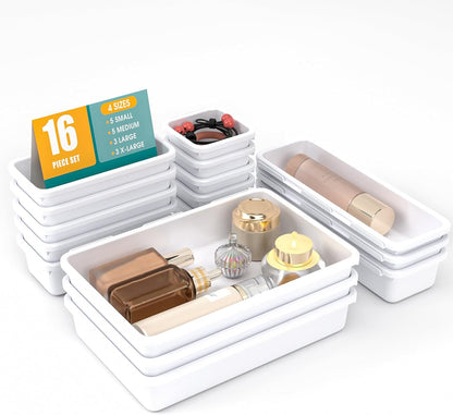StoreHappily 10 PCS Drawer Organizer Set, 4 Size Makeup Drawer Divider Organizer With Non-Slip Pads, Interlocking Plastic Storage Bins for Office,Jewelry Vanity,Gadgets, Bathroom,Kitchen, Black