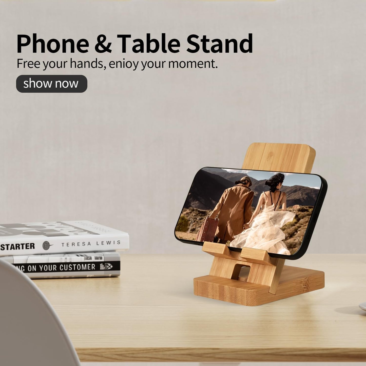 LUCKY BEAN Wood Phone Stand, Desktop Wooden Phone Holder, Portable Office Phone Stand for Desk, Wood ipad Stand， Compatible with iPhone & All Cell Phones (Walnut)