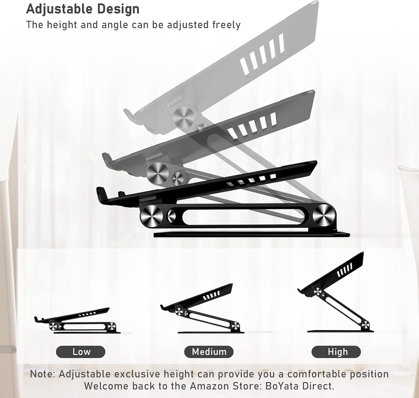 BoYata Laptop Stand, Adjustable Laptop Riser with Slide-Proof Silicone and Protective Hooks, Aluminum Notebook Stand for Laptop up to 15 Inches, Laptop Holder Compatible for MacBook (Silver-2)