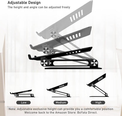 BoYata Laptop Stand, Adjustable Laptop Riser with Slide-Proof Silicone and Protective Hooks, Aluminum Notebook Stand for Laptop up to 15 Inches, Laptop Holder Compatible for MacBook (Silver-2)