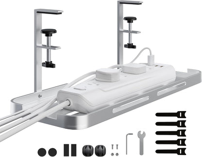 Mavens Under Desk Cable Management Tray, 13.7" No Drill Aluminum Alloy Cord Organizer with Clamps for Wire Management, Cord Organizers for Home Office Standing Desk (Elegant Silver)