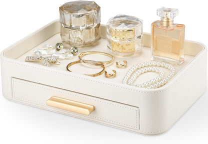 GORESE PU Leather Valet Tray with Drawer, Nightstand Organizer Catch All Tray for Jewelry Perfume Purse Trinket Key Holder, EDC Trays for Desk Vanity Entryway Table, Gift for Women Men, Cream White