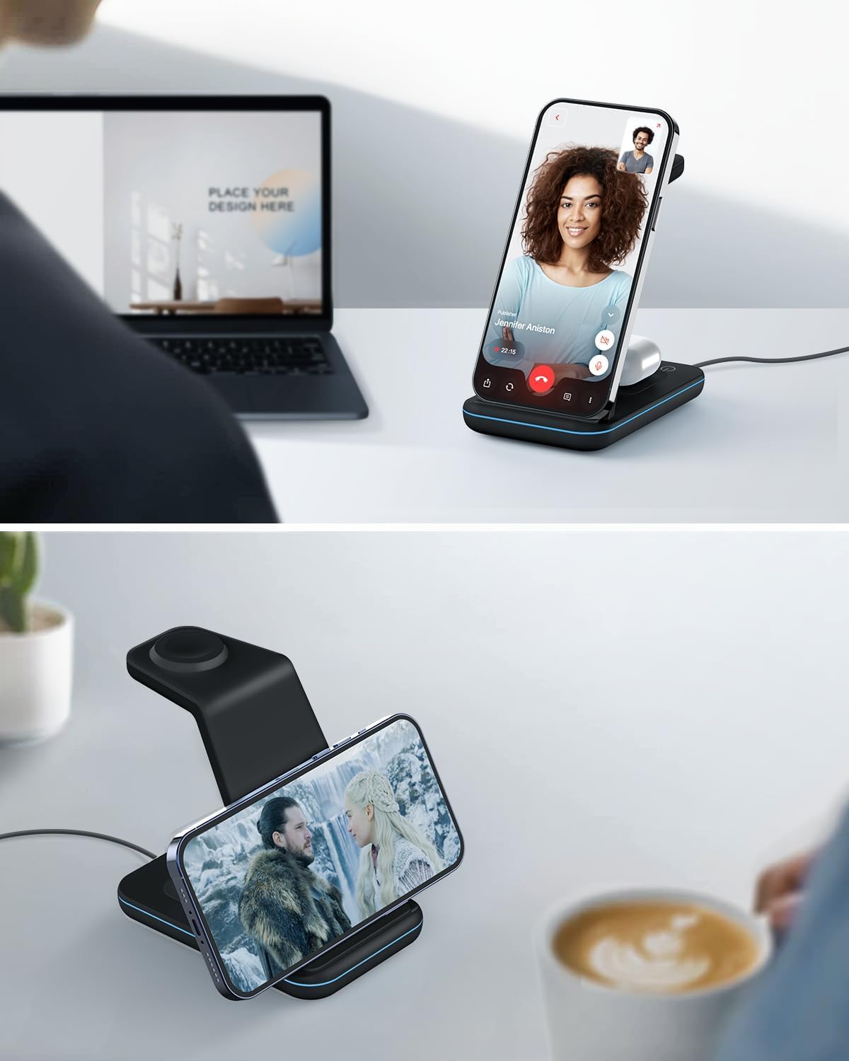 Charging Station for iPhone and Apple Watch: 3 in 1 Wireless Phone Charger Stand for iPhone 17 16 15 14 13 12 11 Pro Max & AirPods, Bedside Nightstand Docking