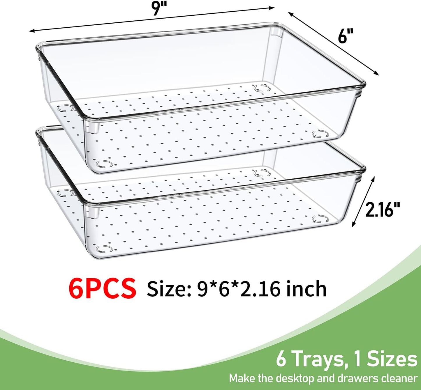 6 Pack Drawer Organizers, Plastic Clear Acrylic Non Slip Non Cracking kitchen drawer organizer Stackable Bathroom Drawer Organizer Trays, Storage Bins for Makeup, Bathroom, Kitchen Office