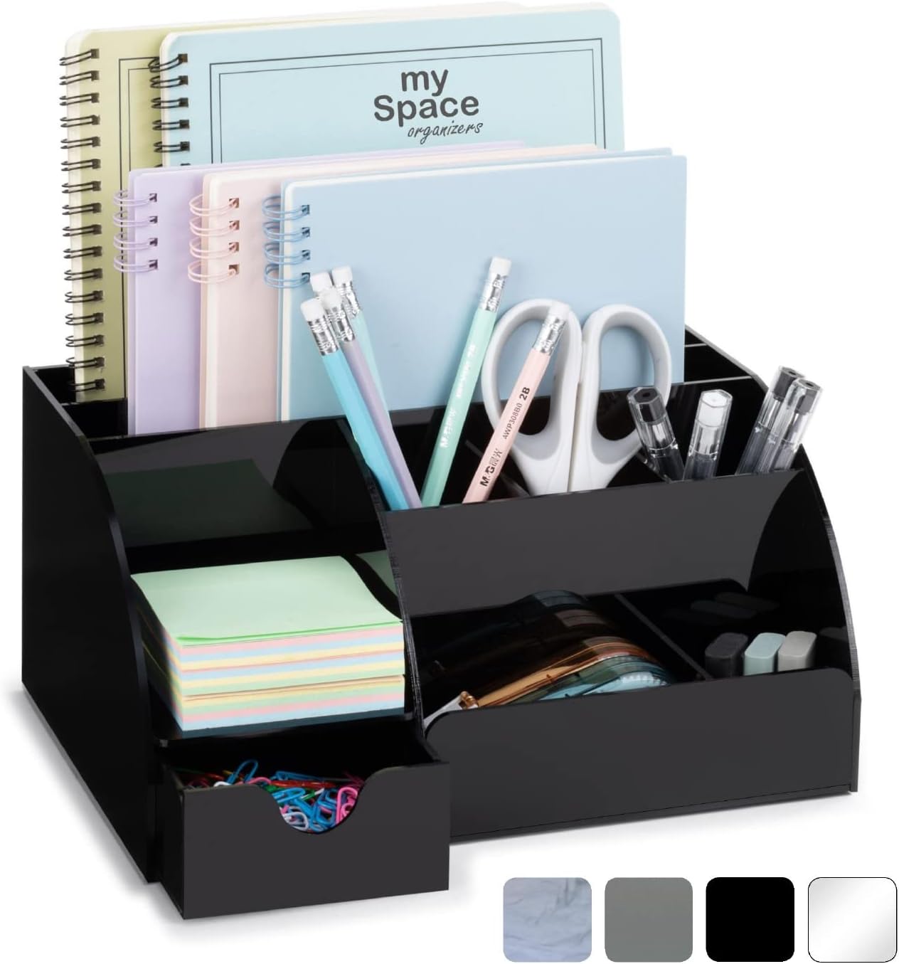 My Space Organizers Clear Acrylic Desk Oganizer, 9 Compartments, Office Supplies and Desk Accessories Organizer, Home Decor Desktop Organizer (Clear)