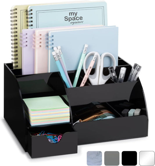 My Space Organizers Clear Acrylic Desk Oganizer, 9 Compartments, Office Supplies and Desk Accessories Organizer, Home Decor Desktop Organizer (Clear)