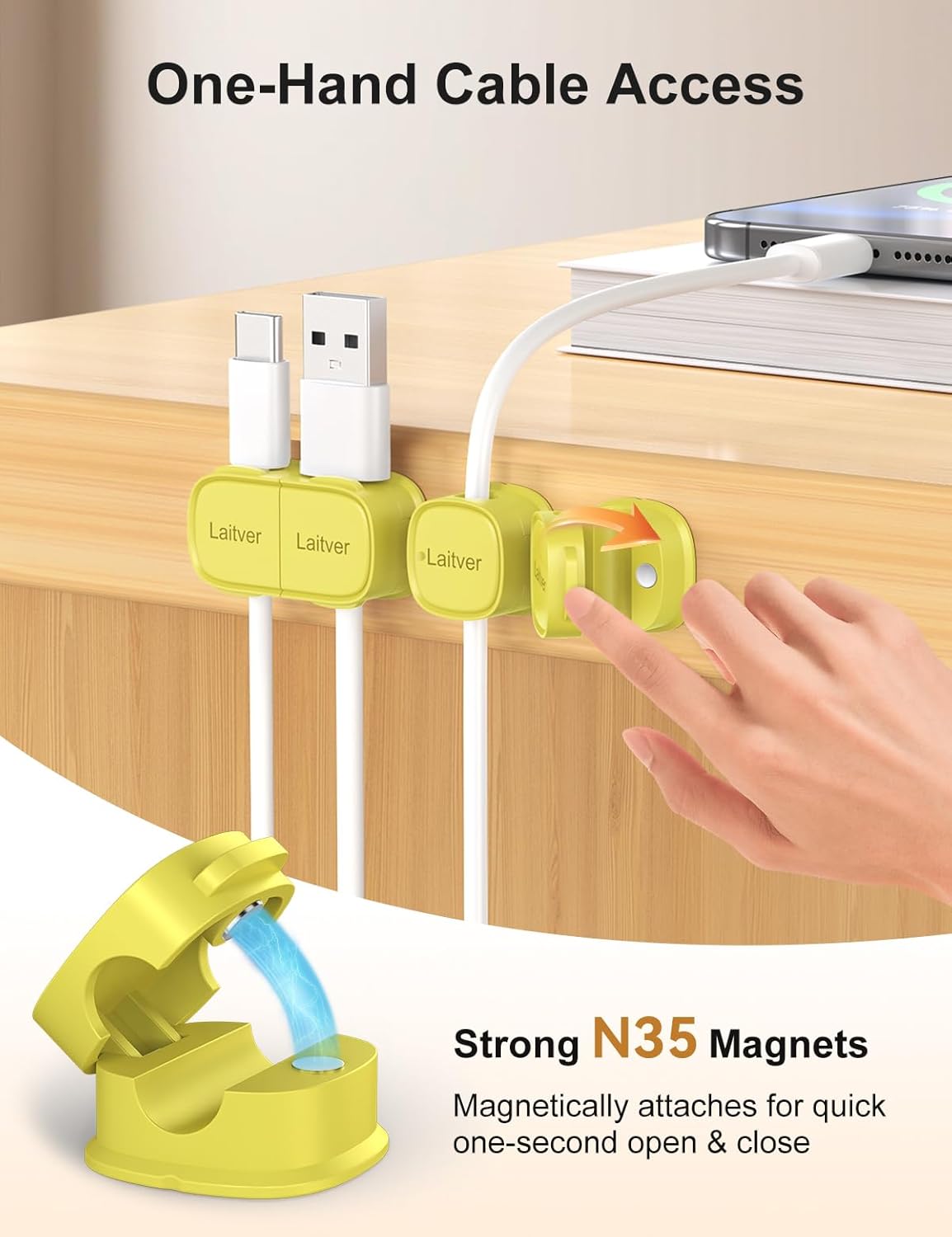6 Pack Magnetic Cable Clips [1s Open/Lock], Laitver Cord Organizer Holder Strong Adhesive Desk Cable Management- Organize Charging Cords Neatly for Home, Office, Car,Desk, Nightstand