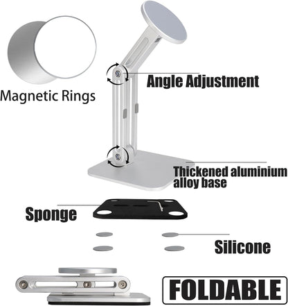 Magnetic Phone Stand for Desk, Heightened & Adjustable & Foldable Metal Magnetic Phone Holder Stand for Desk/Office/Home, Compatible with iPhone 12-17All Series/Mag Safe Case (Black