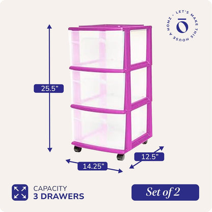 HOMZ Drawer Tower, 3-Tier Rolling Storage Cart with Removable Wheels, White Frame – Plastic Organizer with Clear Bin Drawers for Bedroom, Bathroom, Home Office, and Dorm Room