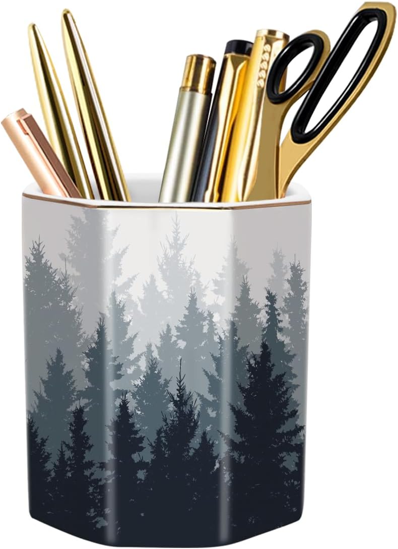 WAVEYU Ceramic Pen Holder for Desk Cute, Pencil Cup Pot Desk Organizer, Makeup Brush Holder for Women, Men, Kids, Desk Marble Decor for Office, Classroom, Home, Gray Golden