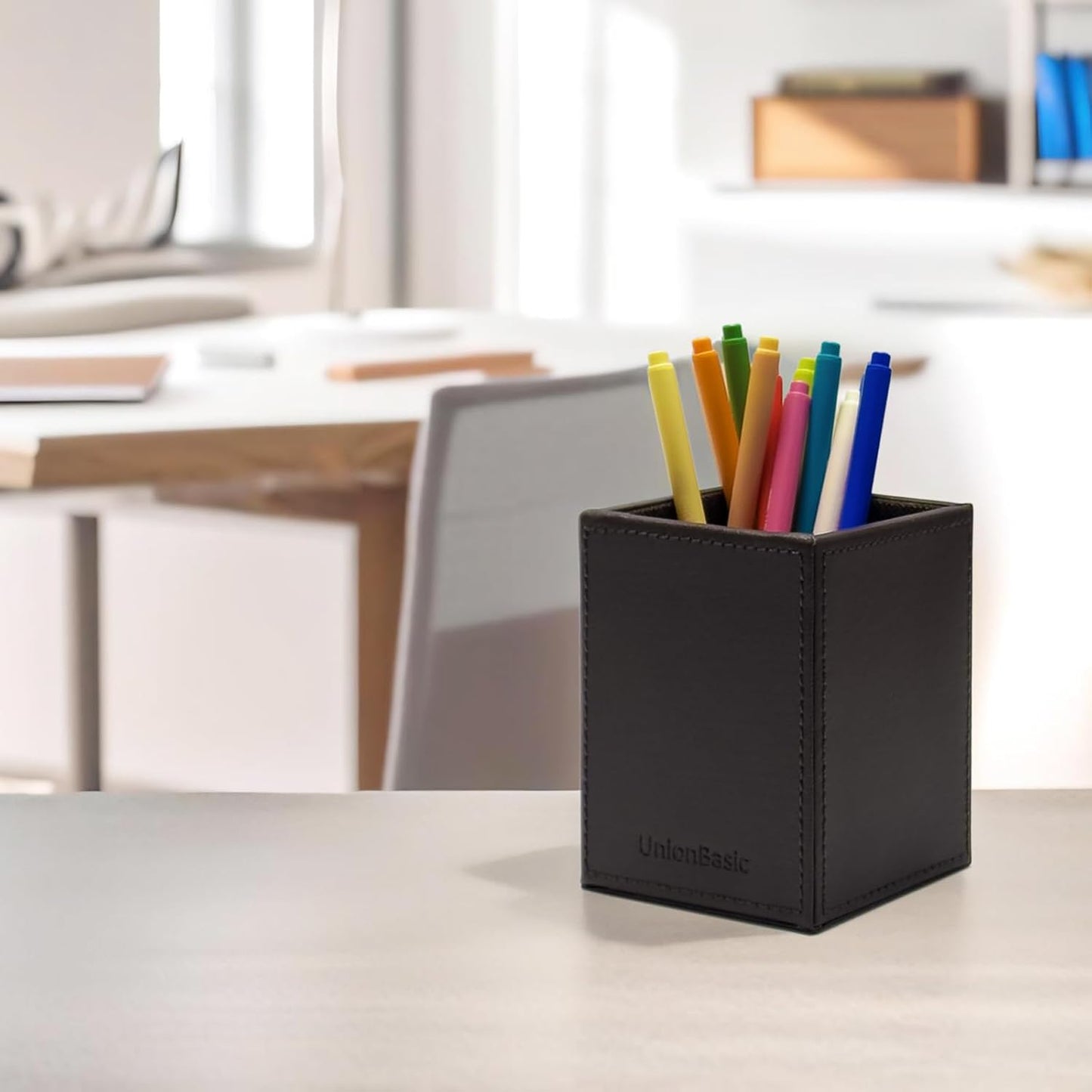 UnionBasic Square Pen Holder, Leather Pencil Cup, Desktop Caddy Stationery Organizer, Beige