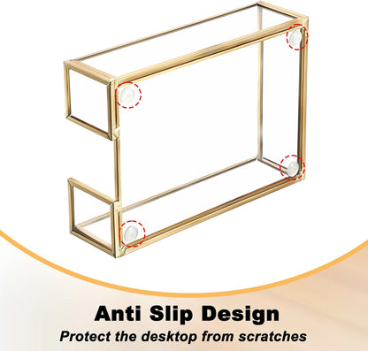 BTSKY Golden Glass 3x3 Inch Sticky Note Holder with Pen Slot, Elegant Post It Note Dispenser with Non-Slip Pads Clear Notepad Holder for Desk Organization Planning, Home Office Decor