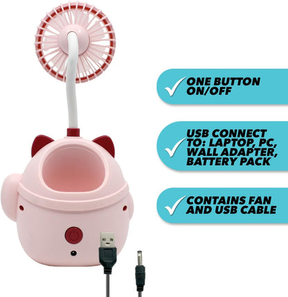 Cute Pink Cat Desk Fan with Pen Holder — Cat Fan for Women, Animal Fan, Funny Office Accessories, Cat Lover Gift, Small USB Fan, Aesthetic Decor