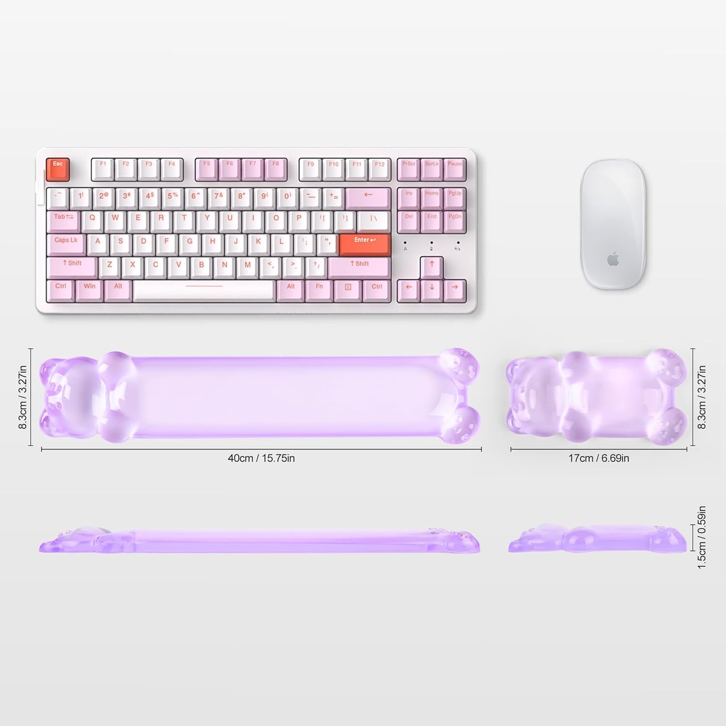 Gel Keyboard and Mouse Wrist Rest Set – Clear Wrist Rest for Computer Keyboard 60%/68%/75%, Comfort & Support for Typing and Gaming(Cute Pink Bear)
