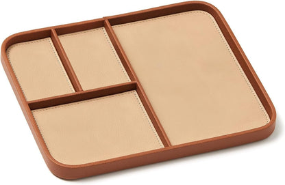 Caramel Leather Valet Tray for Men, Vegan Catchall Organizer - Nightstand & Bedside Caddy with 4 Compartments, 11.81"x7.87" Desktop Organizer