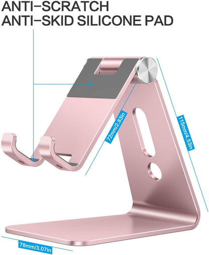 Adjustable Cell Phone Stand, OMOTON Aluminum Desktop Cellphone Stand with Anti-Slip Base and Convenient Charging Port, Fits All Smart Phones, Silver