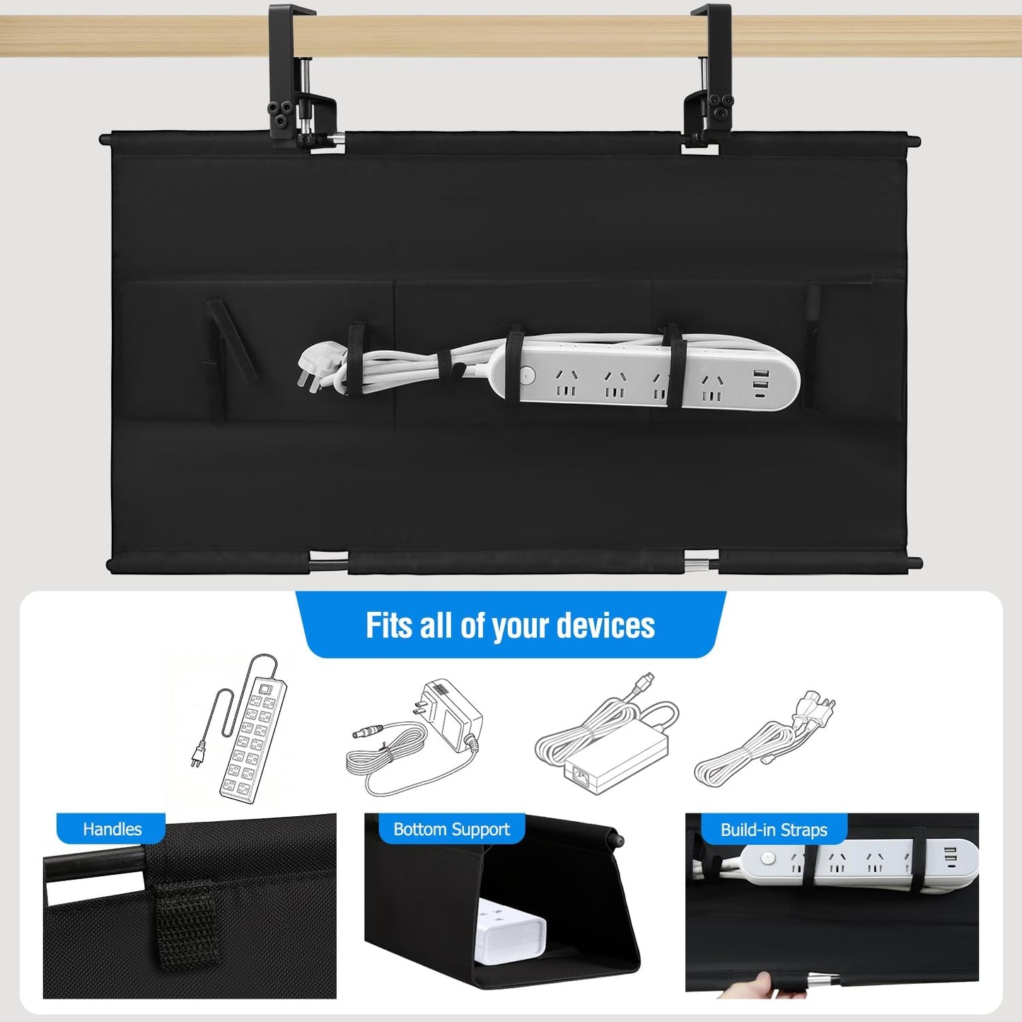 Under Desk Cable Management Tray, 36-Inch Heavy Duty No-Drill Clamp & Screw Mount Cord Organizer, Holds Power Strip & Large Adapters for Home Office, Gaming Desk, Study Room